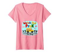 Watch Out PreK - Jalon du 1er Jour de la Maternelle T-Shirt avec Col en V, Femme, Rose, L