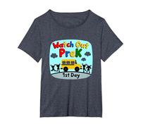 Watch Out PreK - Jalon du 1er Jour de la Maternelle T-Shirt, Femme Grandes Tailles, Bleu Chiné, 1X