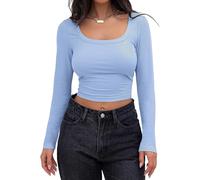 Watchatest Neck Built-in Bra, 2026 New Long Sleeve Ribbed Top Shirts for Women, Seamless Yoga Workout Shirts (Blue,M)