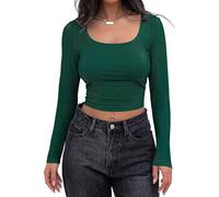 Watchatest Neck Built-in Bra, 2026 New Long Sleeve Ribbed Top Shirts for Women, Seamless Yoga Workout Shirts (Green,M)