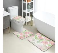 Water Lily Lot de 3 tapis de salle de bain en flanelle, absorbants, antidérapants, lavables en forme de U, à séchage rapide, motif floral de pêche et feuilles vertes