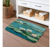 Water Lily Tapis de bain à séchage rapide absorbant et antidérapant Motif floral vert artistique Tapis de douche décoratif en flanelle lavable pour salle de bain, toilettes, salle de bain, 40,6 x 61