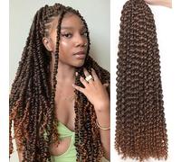 Water Wave Passion Twist Crochet Braids 24 Inch Ombre Brown Hot Water Setting Braiding Hair 7 Packs Pre looped Bohemian Curly Hair for Butterfly Locs Crochet Braids Hair Extensions (#T30)