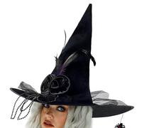 WATERBELINE Chapeau de sorcière d'Halloween avec tulle à plumes - Chapeau de sorcière unisexe pointu pour adultes et enfants - Coiffe de costume de cosplay