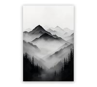 Watercolor Style Mountain Canvas Painting, Elegant Black and White Layered Landscape, Tranquil Morning Fog Scene, Modern Artistic Print for Home Decoration(Framed,16x24inch(40x60cm))