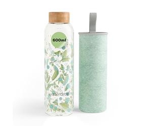 waterdrop® Bouteille en Verre 600ml - Gourde Réutilisable en Verre Borosilicate avec Bouchon Bambou et Housse, Étanche, Idéale pour Maison, Bureau, Sport, Voyage