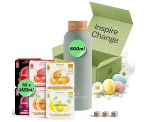 waterdrop® Coffret Dégustation Inox - Bouteille Isotherme 600ml + 18 Cubes à Boire en 6 Saveurs, Boisson en Cube avec Vitamine C & Vitamine B, Sans Sucre, Gourde d'Eau, Coffret Cadeau Femme & Homme