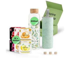 waterdrop® Coffret Dégustation Verre - Bouteille en Verre 600ml + 18 Cubes à Boire en 6 Saveurs, Boisson en Cube avec Vitamine C & Vitamine B, Sans Sucre, Gourde d'Eau, Coffret Cadeau Femme & Homme