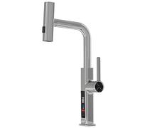 Waterfall Kitchen Faucet LED Digital Temperature Display, Kitchen Faucet with Pull Down Sprayer, with Rotary Adjustment Button (Color : Silver, Size : 45cm)