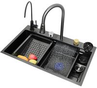 Waterfall Kitchen Sink Set - 304 en acier inoxydable intégré évier avec robinet amovible Gunmetal gris - Domestic 75 x 45 x 21 cm Design moderne pour cuisinières stylées
