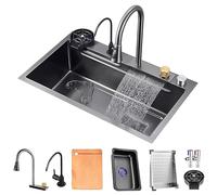 Waterfall Kitchen Sink Single Bowl with Pull-out Faucet Knob Drain Glass Rinser Drain Strainer & Accessories (75 x 45 x 22 cm) for Modern Kitchens