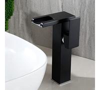 Waterfall with LED Light, Brass Bathroom Tap, 3-Color Changing Lavatory Faucet, Handle Single Hole Cold and Hot Water Mixer Vanity Sink Tap,Black,High