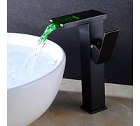Waterfall with LED Light, taps for Bathroom Basin Brass, 3-Color Changing Lavatory Vanity Faucet, Single Handle 1 Hole Hot and Cold Water Mixer,Black Antique,High