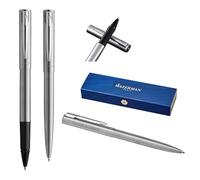 Waterman Allure Kit d'écriture avec gravure - Stylo à bille et stylo roller personnalisé - Ensemble d'instruments d'écriture de luxe en noir - Cadeau élégant pour homme et femme (acier inoxydable)