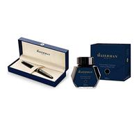 Waterman Carène Noir Ultra-brillant - Stylo Plume avec Clip Doré à l'Or 23k, Plume Moyenne, Cartouche d'Encre Bleue & Flacon d'Encre Noir Intense - Bouteille de 50 ml