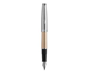 Waterman Emblème Deluxe Stylo Plume, Or avec attributs chromés, Plume Moyenne, Cartouche d’encre bleue, coffret Cadeau