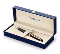 Waterman Expert stylo bille | noir brillant avec attributs dorés à l'or fin 23 k | pointe moyenne | encre bleue | coffret cadeau
