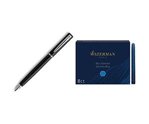 Waterman Graduate Allure Stylo-plume, Laque Noir Mate, encre bleue, emballé Sous Blister & cartouches d’encre pour stylo plume | format long « standard » | couleur Bleu Sérénité | boîte de 8