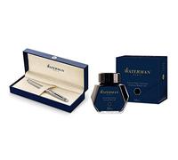 Waterman Hémisphère Acier Attributs Chromés Stylo Plume Pointe Fine - Dans son écrin + Waterman Encre pour Stylo Plume Noire Intense - Flacon de 50 ml Bundle