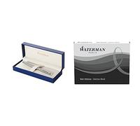 Waterman Hémisphère Acier Attributs Chromés Stylo Plume Pointe Moyenne - Dans son écrin + Waterman Cartouche Standard Longue pour Stylo-Plume Encre Noire Intense - Etui de 31 Bundle