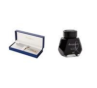 Waterman Hémisphère Acier Attributs Dorés Stylo Plume Pointe Moyenne - Dans son écrin + Waterman Encre pour Stylo Plume Noire Intense - Flacon de 50 ml Bundle