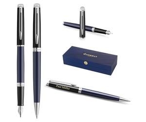 Waterman Hémisphère Ensemble stylo plume et stylo à bille avec gravure, kit d'écriture de luxe, personnalisable, comme cadeau d'anniversaire, d'anniversaire et de Noël, bloc noir et bleu