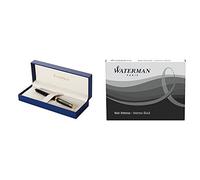 Waterman Hémisphère Laque Noire Attributs Dorés Stylo Plume Pointe Moyenne - Dans son écrin + Waterman Cartouche Standard Longue pour Stylo-Plume Encre Noire Intense - Etui de 21 Bundle