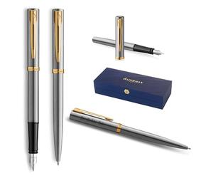 Waterman Impression Ensemble stylo à bille et stylo-plume, avec gravure - Personnalisable - Ensemble d'écriture élégant pour hommes et femmes - Encre bleue (acier inoxydable GT)