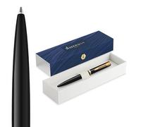 Waterman Impression Stylo bille | Pointe moyenne avec recharge d'encre bleue | Laque noire avec garniture dorée | Boîte cadeau