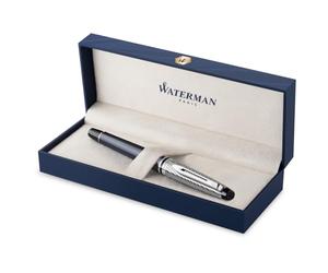 Waterman Stylo-plume Expert Deluxe | Métal et laque grise avec finition chrome et Capuchon ciselé | Plume moyenne en acier inoxydable | Coffret cadeau