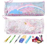Waterproof Unicorn Pencil Case For Kids Multifunction Cartoon Pencil Box 2 Pcs With Glitter Moving Sand For Boys Girls Blue White