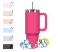 WATERSY 1182ml Mug Isotherme avec Paille et Poignée, 40oz Double Acier Inoxydable Tasse de Voyage Isotherme, Anti-fuite, Gobelet à Café à Emporter, Pour Voiture, Bureau, Travel (Rose Foncé)