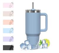 WATERSY 1182ml Mug Isotherme avec Paille et Poignée, 40oz Double Acier Inoxydable Tasse de Voyage Isotherme, Anti-fuite, Gobelet à Café à Emporter, Pour Voiture, Bureau, Travel (Bleu Gris)