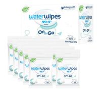 WaterWipes On The Go Wipes, 100 unités (10 paquets), 99,9% d'eau, 3-en-1 nettoie, soigne, protège, non parfumées, emballage pouvant varier
