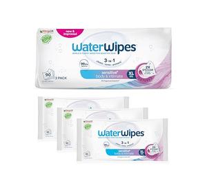 WaterWipes Sensitive+ Body & Intimate Wipes, Hygiène Corporelle et Intime, 90 lingettes (3 paquets), 3-en-1 nettoie, soigne, protège, 99,9% d'eau, lingettes humides non parfumées, Adult Care