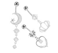 WATIIFUFU 3 pièces Belly Button Rings Zircon Heart Teardrop Crown Design Jewelry For Women Comfortable Piercing Accessories