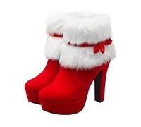 WATIIFUFU Bottines d’hiver pour femmes rouges talon épais et plateforme bottes courtes en suédine avec nœud décoratif et fermeture éclair latérale chaussures de Noël taille 40 mode