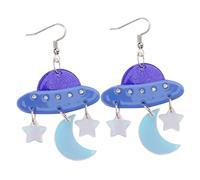 WATIIFUFU Boucles D'oreilles Pendantes En Acrylique Bleu Fantaisie, Motif Vaisseau Spatial Étoiles Lune, Légères Pour Femmes, Accessoires D'été Design Asymétrique Et Effets Irisés