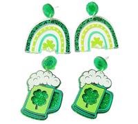 WATIIFUFU Boucles D'oreilles Pendantes Trèfle Vertes en Acrylique, 2 Paires Saint-patrick Motif Bière et Arc-en-ciel, Bijoux Minimalistes pour Femmes, Accessoires Fête Irlandaise
