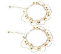 WATIIFUFU Bracelets de Cheville Bohème avec Clochettes Multicouches Dorées, 1 Paire avec Pompons Fluides, Bijoux de Pied Tintinnabulants pour Danse et Fêtes, Accessoire Femme