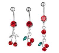 WATIIFUFU Cerise Anneau de Piercing au Nombril en Acier Inoxydable 3 Pièces | Cristaux Lumineux, Design Cerise Délicat et Brillant, Lot de Trois pour Soirées Entre Amies