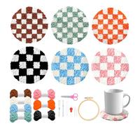 WATINC Checkerboard Punch Needle Coaster Kit - 22Pcs Crafts Punch Needle Coasters Kits for Beginners, Checkerboard Patterns Coaster Tufted Rug Pads with Adhesive Felt Yarns Embroidery Hoop Instruction