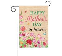 WATINC Drapeau de jardin « Happy Mother's Day in Heaven » - Décoration funéraire double face - 30,5 x 45,7 cm - Tulipe florale - Papillons - Décoration pour tombe