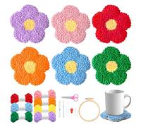WATINC Flower Punch Needle Coaster Kit - 22Pcs Crafts Punch Needle Coasters Kits for Beginners, Flower Patterns Tufted Rug Pads with Adhesive Felt Yarns Embroidery Hoop Instruction