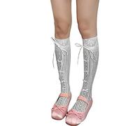 Watreketal Chaussettes,Ballet Style élégant chaussette ruban nœuds cravate bas creux dentelle nœuds cravate résille longue longueur au genou chaussette pour femmes fille