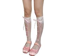 Watreketal Chaussettes,Ballet Style élégant chaussette ruban nœuds cravate bas creux dentelle nœuds cravate résille longue longueur au genou chaussette pour femmes fille