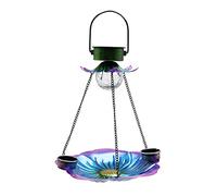 Watreketal Mangeoire à oiseaux solaire en forme de fleur avec éclairage en fer forgé avec tasse à eau suspendue pour alimentation automatique sauvage, nourriture sèche, distributeur d'eau automatique