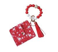 Watreketal Porte-clés portefeuille avec dragonne, petit porte-cartes de crédit, chaîne, bracelet, pompons, perles, anneaux pour femme, Rouge