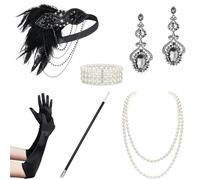 Watreketal Serre Tete,Costume de Flapper pour femme Gatsby Party Bandeau Collier Boucles d'oreilles Gants Ensemble d'accessoires de costume de fête Cosplay vintage des années 1920