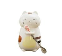 Watreketal Tasse à café pratique avec cuillère et couvercle - Multifonctionnel - En forme de chat - Capacité de 400 ml - Tasse en céramique - Motif chats mignons